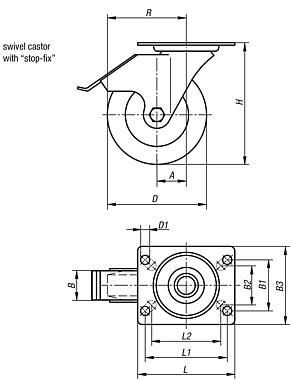 Swivel castors with stop fix