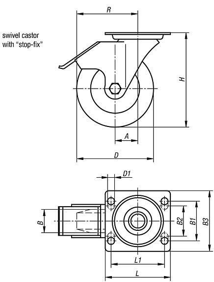 Swivel castors with "stop-fix"