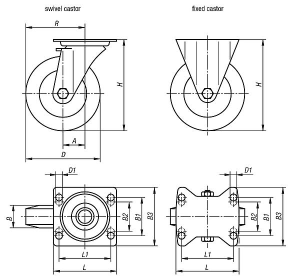 Swivel and fixed castors standard version