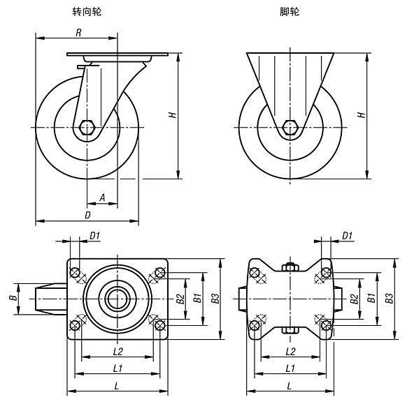 钢板转向轮和脚轮 带软橡胶轮胎