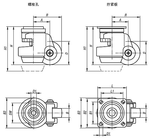 带刹车脚升降福马轮 带螺栓孔或安装板