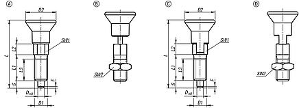 Indexing plungers ECO, steel or stainless steel, with plastic mushroom grip