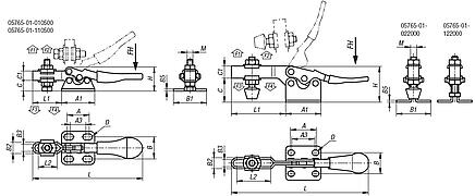 Toggle clamps horizontal with flat foot and adjustable clamping spindle