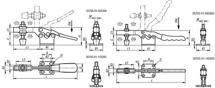 Toggle clamps horizontal with flat foot and adjustable clamping spindle