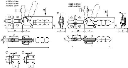 Toggle clamps horizontal with flat foot and adjustable clamping spindle