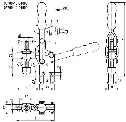 Toggle clamps vertical with straight foot and adjustable clamping spindle