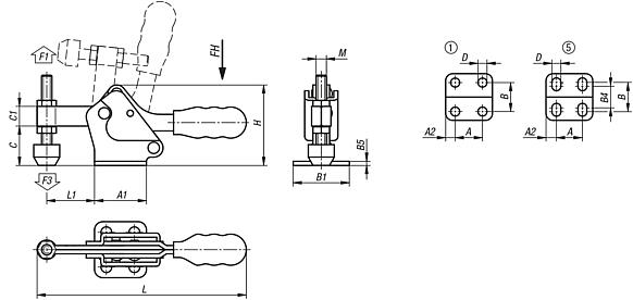 Toggle clamps horizontal with flat foot and fixed clamping spindle