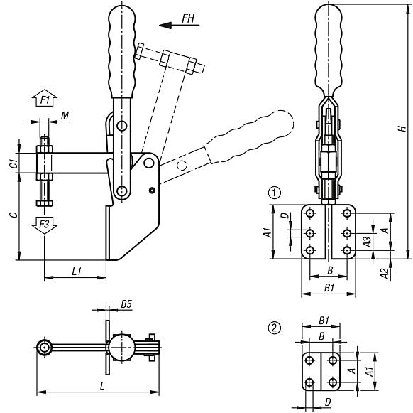 Toggle clamps vertical with angled foot and fixed clamping spindle