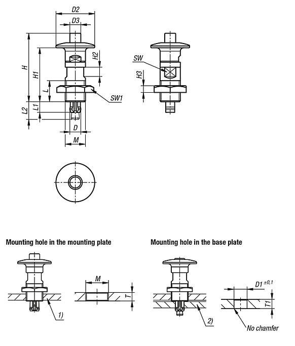 Locking pins, stainless steel with stainless steel mushroom grip