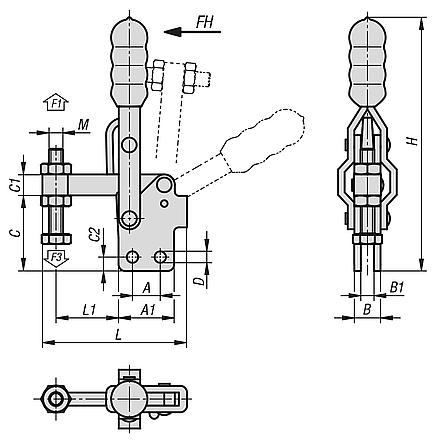 Toggle clamps vertical with straight foot and fixed clamping spindle