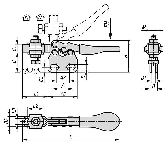 Toggle clamp mini, horizontal with straight foot and adjustable clamping spindle
