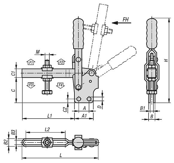 Toggle clamps vertical with straight foot and adjustable clamping spindle